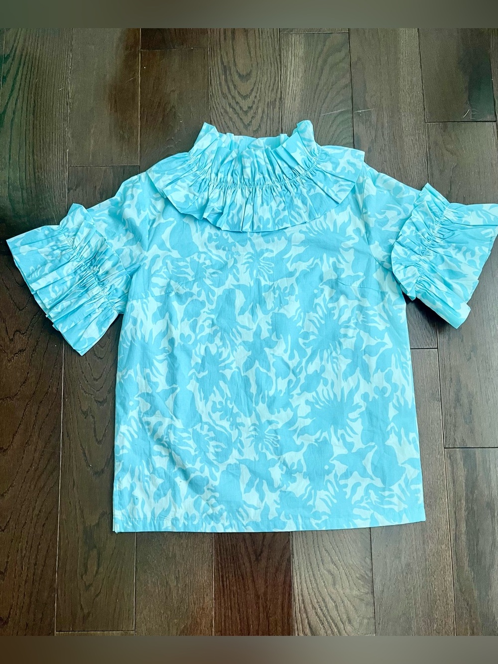 Elizabeth Wilson Light Blue Ruffled Neck Short Sleeve Top
